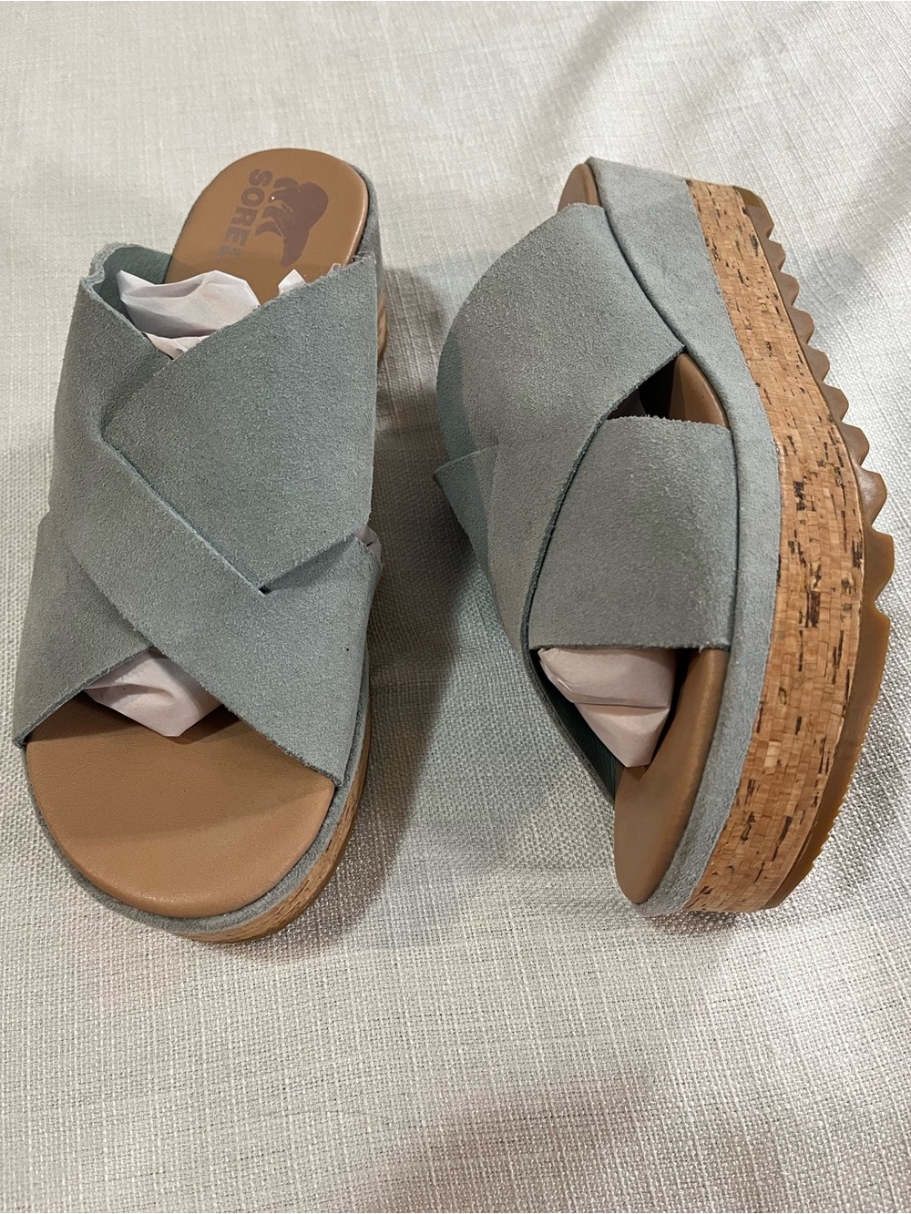 Sorel Women's Light Gray Suede Cork Wedge Slide Mules 9